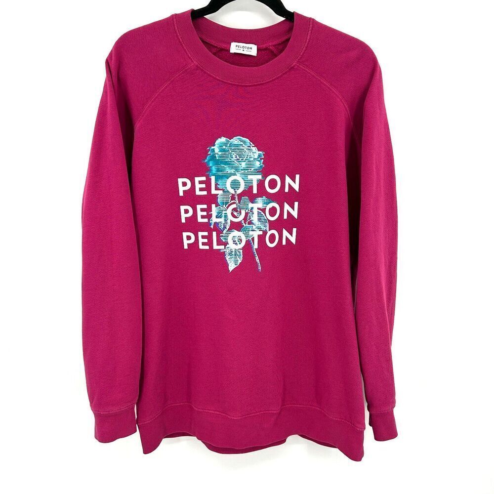 PELOTON Pink Maroon Rose Spell Out Oversized Crew Neck Sweater Size Medium